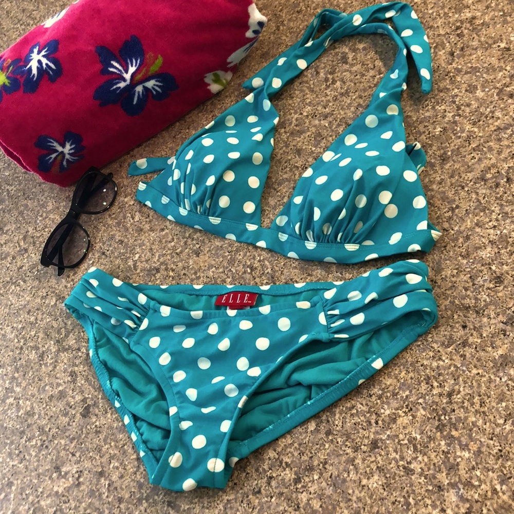 Vintage Elle Bikini 2 piece Swim Size 8 Polka Dot Teal (?) & White